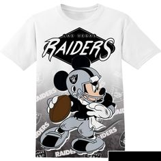 NFL Las Vegas Raiders Mickey All Over Print T-Shirt The 3D T-Shirt is a fashion statement that goes beyond the ordinary. Using advanced printing technology, it brings designs to life with depth and vividness. Crafted from high-quality materials, it offers comfort and durability. The three-dimensional graphics create a captivating effect that’s perfect for casual wear or making a bold statement. Product details: Premium polyester which is ultra-soft and incredibly comfortable. Fabric is durable a Mickey Tshirt, Hoodie Mask, Nfl Apparel, Nfl Fan, Nfl Gifts, Nfl Fans, Las Vegas Raiders, Running Shirts, 3d T Shirts