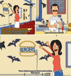 a woman and man are in a kitchen with bats on the wall, one is pointing at