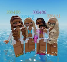 four dolls are standing in the water with their hands on each other's hips