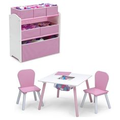 children's table and chair set with storage bins in pink / white finish