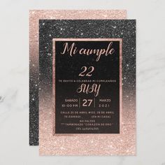 a black and pink glitter birthday party card with the number 22 on it's front