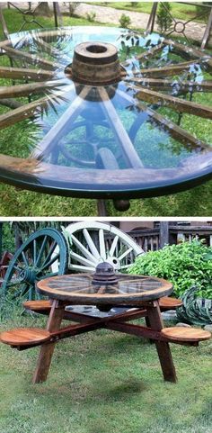 an outdoor table made out of wood and glass with wheels on the top is shown in two different views