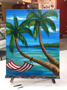 an acrylic painting of a hammock between two palm trees