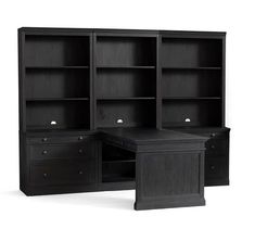 an office desk and bookcase with drawers in black finish, viewed from the front