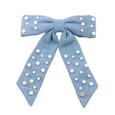 Our standard bow is so easy to wear. Just clip it in and go. Done in a denim fabric with pearl embellishments. Denim And Pearls, Bow Barrette, Gameday Dress, Pearl Bow, Necklace Dress, Pink Rainbow, Fan Gear, Boots For Sale, Designer Pillow