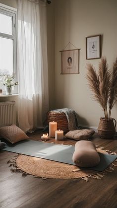 a living room filled with lots of furniture and decor on top of a wooden floor