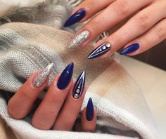 Navy Bling Nails, Crazy Acrylic Nails, Flashy Nails, Sapphire Nails, Blue Acrylic Nails, Cute Acrylic Nail Designs, Nail Candy, Almond Shape, Long Square Acrylic Nails