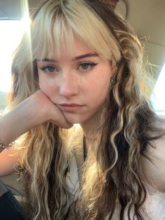 Blonde Layer Under Brown Hair, Cute Ways To Dye Your Hair Brown, Freckles And Blonde Hair, Brunette Hair Blonde Bangs, Blonde Bangs Money Piece, Brown And White Color Block Hair, Light Blonde And Brown Hair, Blonde Brown Peekaboo, Brown And Platinum Blonde Hair