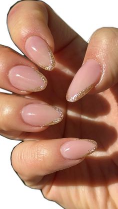 20242024маникю�р2024 Almond Nail Glitter Tips, Simple Gold Almond Nails, Simple Nail Art For Wedding, Easy Wedding Nails For Bride, Nails With A Touch Of Gold, Mini French Nails Almond, Nails With A Gold Dress, Easy Gold Nails, Party Almond Nails