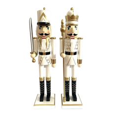 "Purchase the Santa's Workshop 24\" White & Gold King & Guard Nutcracker Set at Michaels. com. Beautifully handmade and hand painted, these nutcrackers are the perfect accent to your holiday décor. Crisp and precise in their shining white and gold bejeweled uniforms, these nutcrackers will give an elegant boost to your holiday display. The king nutcracker carries a royal staff, while the guard nutcracker wields a silver sword. Beautifully handcrafted from wood and hand painted, this set of two 2 Royal Staff, King Nutcracker, Nutcracker Decor, Indoor Holiday Decor, Jeweled Christmas, Santa's Workshop, The Guard, Holiday Display, Fall Halloween Decor