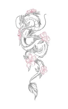 a drawing of a dragon with pink flowers on it's tail and wings in the background