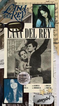 a collage of photos and pictures with sunglasses on top of each other, including the words lata del ray