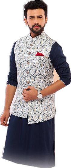 Cotton Nehru Jacket For Navratri Designer Wear, Cotton Bandhgala With Printed Motifs For Festive Occasions, Navratri Cotton Bandhgala, Festive Nehru Jacket With Printed Motifs For Diwali, Festive Bollywood Nehru Jacket With Printed Motifs, Bollywood Nehru Jacket With Printed Motifs For Festive Occasions, Bollywood Nehru Jacket With Printed Motifs For Festivals, Blue Cotton Bandhgala With Zari Work, Cotton Bandhgala With Printed Motifs For Eid