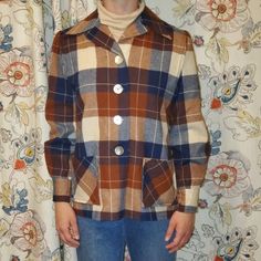 A Vintage Women's Plaid Wool Pendleton Jacket, Probably From The Late 1950s/Early 1960s. Excellent Condition, Plastic Pearl Buttons, Pleated At The Shoulders, 100% Virgin Wool. Made In Portland, Oregon. No Size On The Tag, But It Fits Like A Medium. My Bust Is 35" And It Fits Me Well. Retro Fall Outerwear With Button Closure, Vintage Collared Blazer For Fall, Retro Collared Outerwear For Fall, Vintage Blue Outerwear For Fall, Blue Vintage Outerwear For Fall, Retro Plaid Collared Outerwear, Vintage Plaid Button-up Outerwear, Vintage Button-up Fall Outerwear, Vintage Plaid Long Sleeve Outerwear