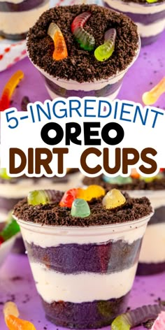 three dessert cups filled with dirt and candy