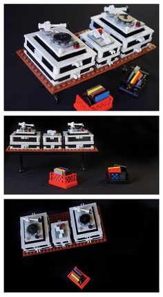 three different views of a lego model with various parts on it and in the middle