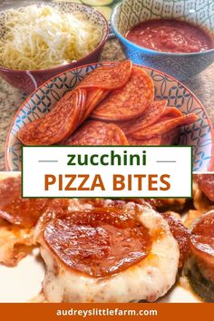 pizza bites on a plate with sauce and cheese in the bowl next to them is an advertisement for zucchini pizza bites