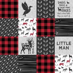 a patchwork quilt with moose, deer and buffalo patterns on the front in red black and white