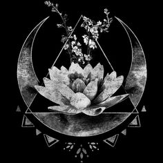 a black and white photo of a flower in the middle of a crescent with triangles around it