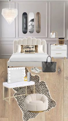 a bedroom with white furniture and leopard print rugs on the floor next to a bed