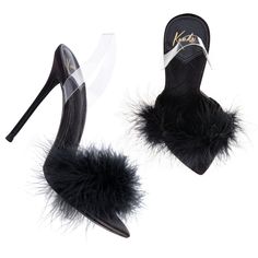 A fun and flirty heel that will make you the talk of the town. The feathered heel is supported by a clear strap near the heel. These heels can be rocked on a night out or worn for brunch. Feather Heels, Cease And Desist, Angela Simmons, Toes Designs, Talk Of The Town, Black Accessories, Box Hand, The Talk, Black Feathers