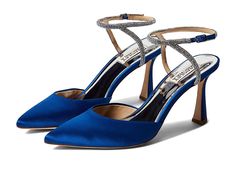 Badgley Mischka Kamilah - Women's Shoes : Royal Blue : Soul of a ballerina and a body of comfort in the Badgley Mischka Kamilah high heel sandals will enchant any young bride with its bejeweled beauty. Smooth satin upper. Leather lining. Textile insole. Stiletto heel with pointed toe-construction. Bejeweled ankle strap. Imported. Single sandal weight 8 oz. Measurements: Heel Height: 4 in Weight: 8 oz Product measurements were taken using size 9, width M. Please note that measurements may vary by Elegant Embellished Pointed Toe Sandals, Pointed Toe Wedding Shoes With Removable Insole For Party, Wedding Shoes With Removable Insole For Party, Glamorous Pointed Toe Sandals For Gala, Glamorous Evening Wedding Shoes With Removable Insole, Almond Toe Wedding Shoes For Evening, Glamorous Heels With Removable Insole For Cocktail, High Heels With Removable Insole For Events, Glamorous Evening Heels With Removable Insole