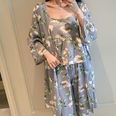 Relax, rejoice, and reenergize after a day full of meetings and work with this 3 Piece Women Floral Cardigan Pajama Set Home Wear. It combines attractive prints designed on durable fabric that can be easily work and spent the whole night in. Get a few of these for yourself or gift it to your colleague or best-friend who deserves a great sleep too! This loungewear is all you need to help relax at home. The beautiful pajamas are soft and easy to touch which projects versatility and effortless grac Silk Pijamas, Silk Pijama, Lounging Outfit, Lehnga Dress, Sleepwear Fashion, Cute Lingerie, Night Suit, Pretty Blouses, Floral Cardigan