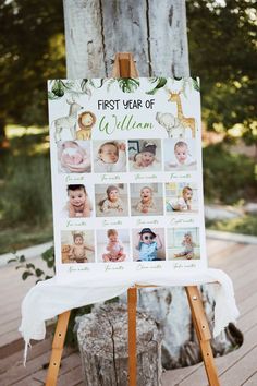 a baby's first year of birth poster on an easel with pictures of babies