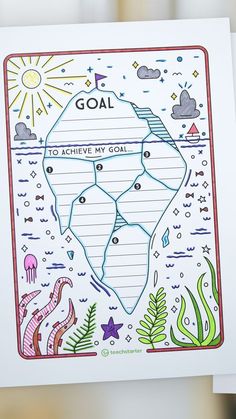 someone holding up a card with an iceberg and sea creatures on it that reads goal to achieve my goal