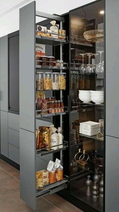 an open pantry with lots of food in it