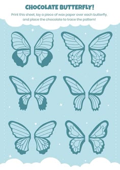 a blue poster with butterflies on it and the words chocolate butterfly written in different languages