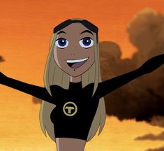 a cartoon girl with her arms outstretched in front of an orange sky and black clouds