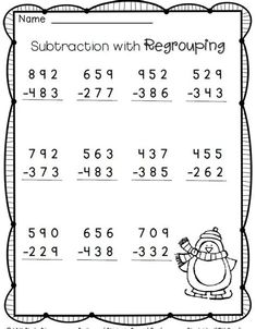 the subtraction with regrouping worksheet is shown in black and white