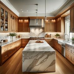 a large kitchen with marble counter tops and wooden cabinets, along with stainless steel appliances