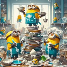 two minions in the kitchen surrounded by dishes and cups, with bubbles coming out of them