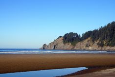 a sandy beach next to the ocean with trees in the background