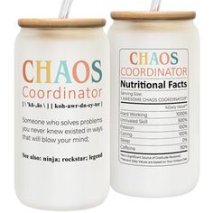 two white cans with labels on them that say chaos coordination and nutritional information in each one