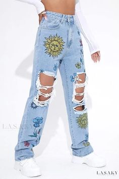 Lasaky - High-Waisted Straight Denim Jeans with Stylish Print and Distressed Detailing for Casual Wear Ripped Relaxed Fit Pants For Spring, Ripped High Waist Jeans For Spring, Light Wash Ripped Pants For Summer, High Waist Ripped Jeans For Spring, Light Wash Ripped Summer Pants, Summer Ripped Light Wash Pants, Spring High Waist Ripped Jeans, Spring Distressed High Waist Jeans, Summer Light Wash Ripped Pants