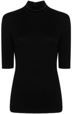 Elegant Fine Knit Short Sleeve T-shirt, Elegant Black Fitted Mock Neck Top, Elegant Fitted Black Mock Neck Top, Elegant Short Sleeve Tops With Ribbed Neckline, Elegant Short Sleeve Top With Ribbed Neckline, Black Short Sleeve Top For Work, Elegant Black Mock Neck Top For Work, Brunello Cucinelli, Chain