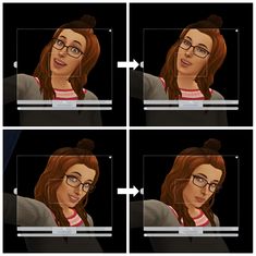 four different images of a woman with glasses and red hair, both showing the same face