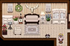 an overhead view of a living room and kitchen area in a pixel - art style