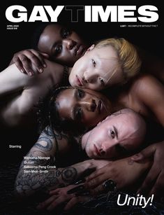 the cover of gay times magazine showing three men laying on top of each other in bed