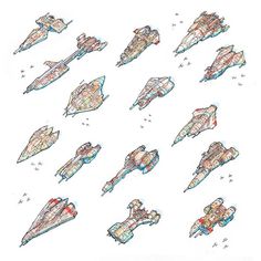 a bunch of spaceships that are drawn in pencil and watercolor on white paper