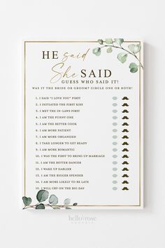 a wedding game with greenery on it and the words he said, she said