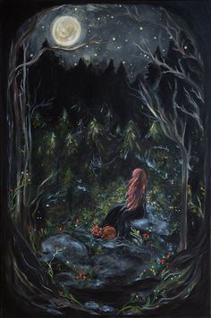 a painting of a woman sitting in the woods at night