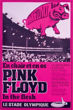 the pink floyd concert poster is displayed in front of an empty stadium with people watching