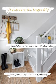 the stairs are labeled with different types of shoes and accessories on display in front of them