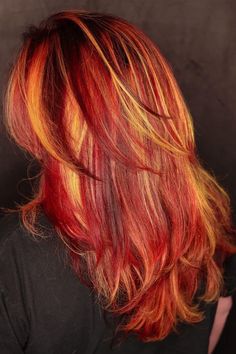 Neon Color Hair Ideas, Red Hair Yellow Highlights, Auburn And Red Hair, Multiple Red Hair Color, Red Hair With Orange Tips, Red Hair With Yellow Highlights, Multicolor Red Hair, Fiery Hair Color, Orange And Blonde Hair Short