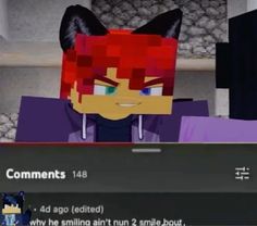 an animated character with red hair and green eyes looks at the camera in front of a computer screen