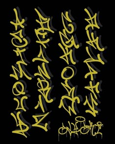 some type of graffiti written in yellow and black ink on a black background with the words,